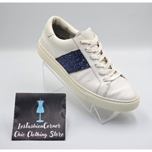 Tory Burch Women's White Leather Blue Glitter Carter Flat Sneakers Sz 11M 2661 - Picture 15 of 16